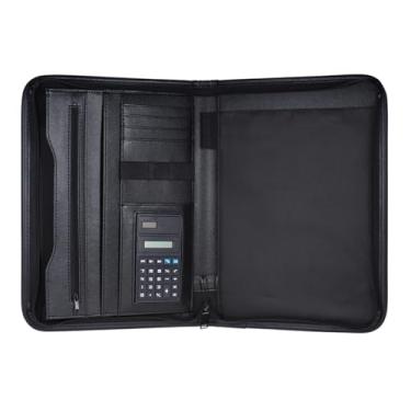 Imagem de Portfólio com zíper multifuncional profissional para negócios pasta organizador de documentos caso A4 em couro PU calculadora porta-cartões visita e bloco anotações