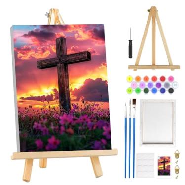 Imagem de MOGTAA Kit de pintura de coelhinho de Páscoa por números para adultos iniciantes com moldura, kits de pintura de paisagens por pôr do sol para adultos em tela com cavalete, kits de pintura a óleo DIY