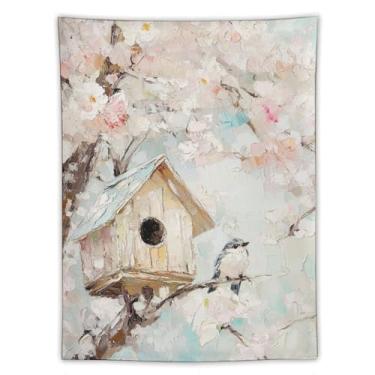 Imagem de Tapeçaria de flor de cerejeira Spring Birdhouse, pintura a óleo, decoração de parede de árvore de pássaro fofo, decoração de jardim sazonal suave para sala de estar, quarto, decoração de arte de