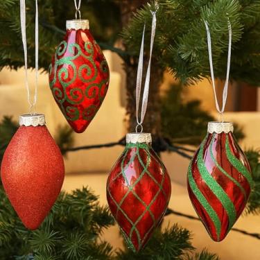 Imagem de SLEETLY 12 pacotes de enfeites de Natal com pingente de gota de lágrima para decoração de árvore de Natal, plástico grande de 10 cm, vermelho e verde