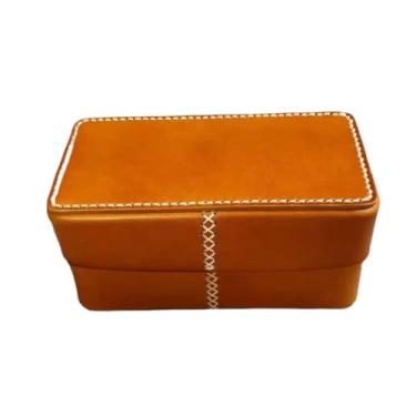 Imagem de Armazenamento Caixa de armazenamento retrô costurada à mão de couro de camada superior, organizador minimalista moderno de joias de mesa e artigos diversos(Red)