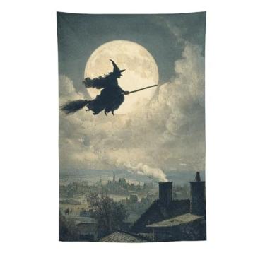 Imagem de Tapeçaria vintage de Halloween bruxa na vassoura lua cheia horizonte assustador decoração de parede sala de estar quarto decoração de casa exclusivo pendurado têxtil 152 x 232 cm tapeçaria