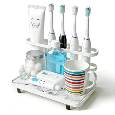 Imagem de Suportes de escova de dentes elétricos para banheiros, organizador de balcão de banheiro com tapete de terra de diatomáceas de secagem rápida, 5 compartimentos para escova de dentes e suporte de pasta