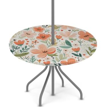 Imagem de Pardick Toalha de mesa redonda para uso ao ar livre com furo de guarda-chuva de 91,4 a 111,8 cm, toalha de mesa elástica com zíper, floral, para uso ao ar livre, redonda, impermeável, com zíper