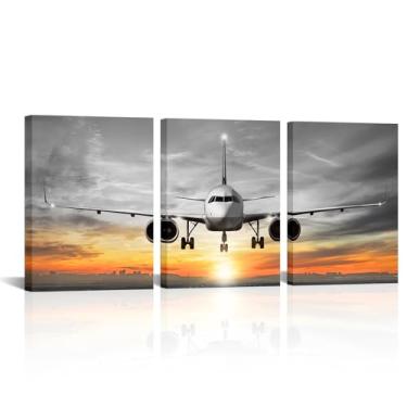 Imagem de Derkymo Arte de parede de aeronaves modernas, impressão em tela de pôr do sol em 3 painéis, tema de aviação preto e laranja, tela impermeável embrulhada, pronta para pendurar