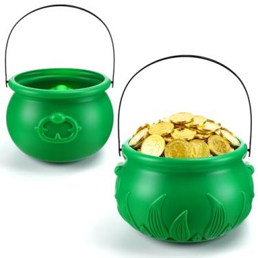 Imagem de Capoda Conjunto de 2 caldeirões verdes grandes, 2, 24 cm e 19 cm, pote de ouro para decoração do Dia de São Patrício, baldes de plástico, chaleira de duende com alça para adultos, moedas de ouro verde