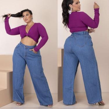 Imagem de Calça Jeans Feminina Wideleg Plus Size Cintura Alta 
