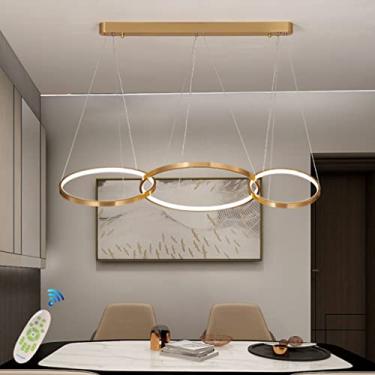 Imagem de Luminária pendente LED moderna para mesa de jantar, lustre com altura ajustável, luminária suspensa para sala de estar, dimerizável com controle remoto, luminária pendente com anéis de alumí
