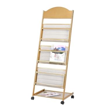 Imagem de KEG801302 Porta-revistas simples de chão de 3 camadas com rodas, suporte de exibição de folheto, metal de alta dureza para exposições, escritório (ouro)