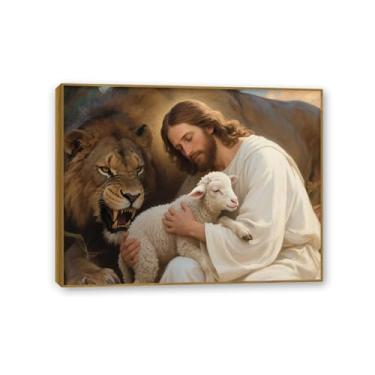 Imagem de Jesus leão e cordeiro arte de parede de cordeiro religioso decoração de parede Jesus Cristo impressão de pôster para sala de estar igreja sala de oração decoração de casa 40 x 30 cm (16 x 12 polegadas