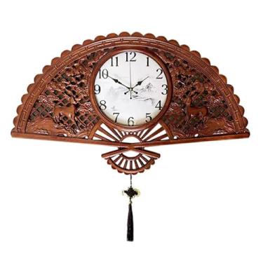Imagem de KHUTRW3D Relógio de parede de madeira de cozinha estilo chinês clássico doméstico sala de estar atmosfera em forma de ventilador relógio moderno relógio de quartzo mudo decoração