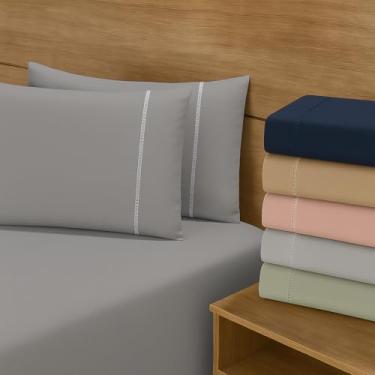 Imagem de Jogo de Lençol - Jogo de Cama - Micropercal Ponto Palito 2 e 3 Peças - 200 Fios - Toque Macio (Cinza, Queen)