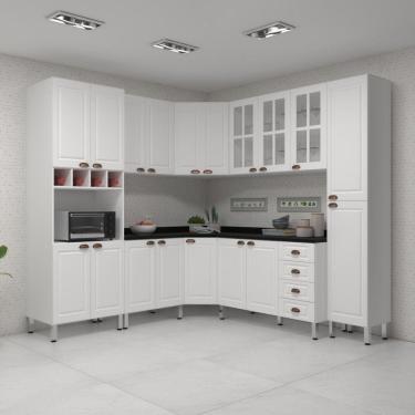Imagem de Armário De Cozinha Completa 8 Peças Com Tampos Espaço Para Forno E Vidro Cristal Luciane Móveis Branco Polar Com Branco Pet E Preto
