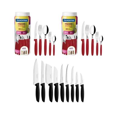 Imagem de Kit - 2 Faqueiros Inox 30 Peças Ipanema Vermelho + 1 Conjunto Facas 9pç - Tramontina
