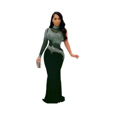 Imagem de Vestido Maxi Bodycon Sexy Feminino Com Uma Manga, Cristais E Strass, T