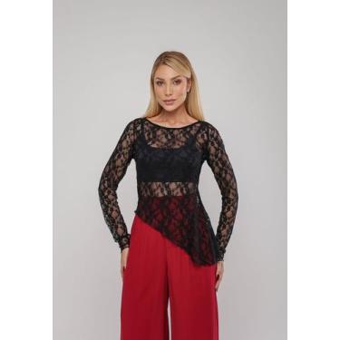 Imagem de Blusa De Renda Assimétrica Manga Longa Preto Salvatore, Preto, P