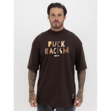 Imagem de Camiseta Camisa Oversized Gola Alta Estampa Fuck Rascim Racismo Streetwear Algodão Premium Marrom-Masculino