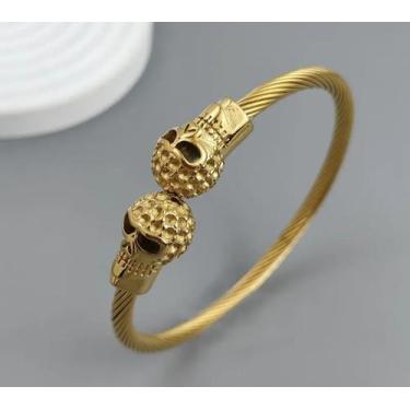 Imagem de Bracelete Trançado Gótico em Aço Inoxidável Caveiras Skull Rock(DOURAD