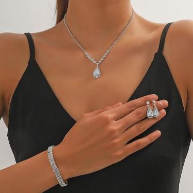 Imagem de L3207-Conjunto Feminino Colar Brinco Pulseira Gota Zirconia Festa Casa