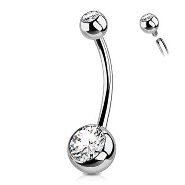 Imagem de OUFER Anéis longos de titânio para umbigo, joia de piercing de umbigo de 14 mm rosqueada internamente, piercing de umbigo CZ redondo para mulheres, Metal, Zircônia cúbica