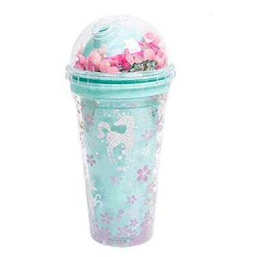 Imagem de seelucky Copo de viagem floral unicórnio com canudo copo de gelo congelador caneca gelada piquenique festa (floal unicórnio verde, 480 ml)