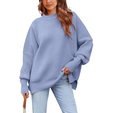 Imagem de PRETTYGARDEN Suéter feminino de grandes dimensões 2023 casual outono gola redonda manga longa solta fenda lateral pulôver de malha canelada tops, Azul claro liso, M