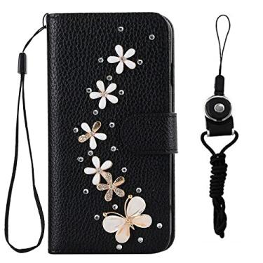 Imagem de HFICY Capa de telefone brilhante com 2 pacotes de protetor de tela de vidro e cordão, capa de telefone feminina com suporte de couro brilhante Filo Stand (flores borboletas, para Samsung Galaxy S9