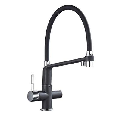 Imagem de Torneira de cozinha giratória flexível com filtro de 360 ° Torneiras de água potável Rotação de guindaste Bico duplo com alças duplas Torneiras misturadoras de água pura, cromo preto