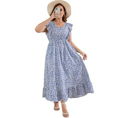 Imagem de KOJOOIN Vestido feminino plus size de verão com bolso com babados, sem mangas, decote em V, fenda lateral, vestido longo de praia, Flor azul - 1, 5G