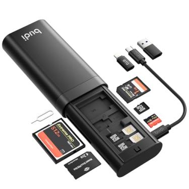 Imagem de BUDI Leitor de cartão SD multifuncional, SD/TF/Micro SD/CF/MS/M2 7 em 1 5 Gbps leitor de cartão de memória de alta velocidade USB 3.0 Tipo-C Suporte de estojo de transporte para câmeras, smartphones,