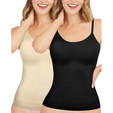 Imagem de AURUZA 2 peças de camiseta feminina modeladora com controle de barriga e gola redonda para mulheres, sem costura, de compressão, tamanho regular plus size, Preto + Bege, 3G