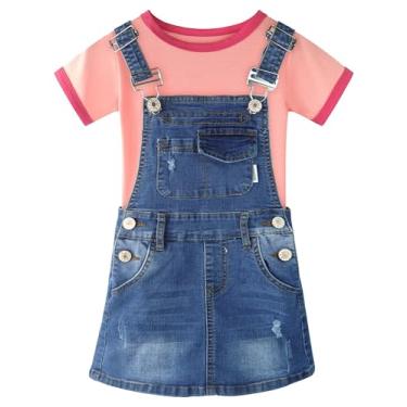 Imagem de CHUMHEY Conjuntos de vestidos jeans para bebês e meninas, camisetas de algodão com gola redonda, saias suspensórias, Rosa e azul - 0138, 18-24 Meses