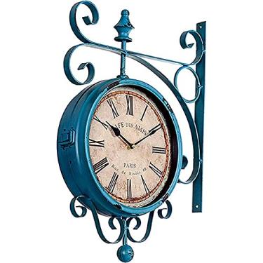 Imagem de Relógio de parede, relógio de parede de jardim ao ar livre, relógio de estação dupla face azul relógio de jardim giratório ferro forjado retro relógio externo decoração relógio externo para interior e