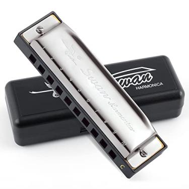 Imagem de SWAN Blues Harmonica C Key for Kids Adults, 10 Hole Diatonic Harmonica Key of C, Metal Blues Harpa para estudantes iniciantes, órgão bucal em estojo, prata