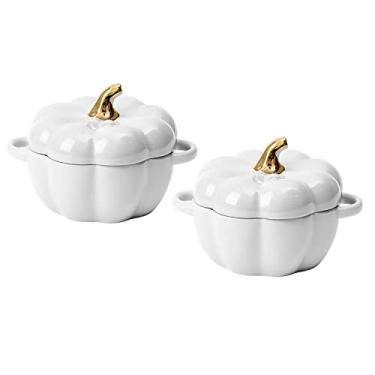 Imagem de Conjunto de tigela de abóbora com tampa e alça, conjunto de 2 ramequins de cerâmica para assar, panela de corte individual, grés, seguro para forno, 400 ml (branco)