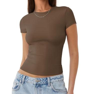 Imagem de ATHMILE Tops de verão camisetas femininas básicas gola canoa manga curta crop tops bonitos slim fit roupas Y2k 2024, Cinza-café, P