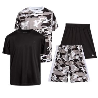 Imagem de RBX Conjunto de shorts ativos para meninos – Camiseta Dry Fit e shorts de ginástica de malha de desempenho – Conjunto de roupa atlética para meninos (8-20), Cinza camuflado/preto, 14-16