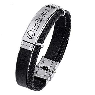 Imagem de Pulseiras personalizadas de sobriedade AA NA para mulheres e homens, pulseira de couro de aço inoxidável, narcóticos, alcoólicos anônimos, dependência, joia inspirada One Day at A Time Sober Recovery