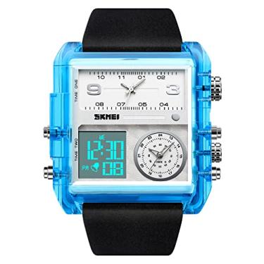 Imagem de Relógios digitais exclusivos para homens, relógio de pulso analógico de quartzo LED legal, cronômetro de 3 fusos horários, relógio com cronógrafo quadrado (30 m à prova d'água, calendário 12/24H, alarme), Azul