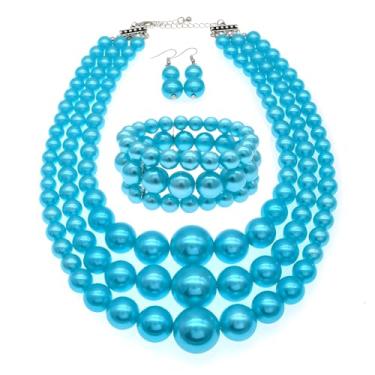 Imagem de JNF Conjunto de colar e brinco de pérolas grandes com vários fios de pérolas bijuterias de fantasia colares de pérolas grossas para mulheres, Pérola sintética, Sem Pedra Preciosa