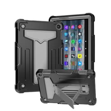 Imagem de Capa segura para crianças com suporte vertical em forma de T para Amazon Kindle Fire HD 8 2022 capa de tablet à prova de choque de corpo inteiro coque (preto cinza, Fire HD 8 2022)