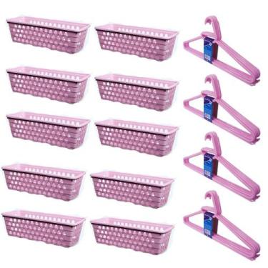 Imagem de Kit 10 Cestos Organizador Retangular 28x11x8Cm + 20 Cabides Rosa - Tri
