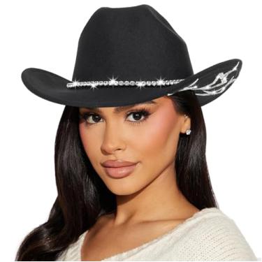 Imagem de HinyBoeh Chapéu de cowboy feminino de strass ocidental com aba larga e busto