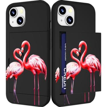 Imagem de IWONE Capa compatível com iPhone 15 fofa com porta-cartões à prova de choque Slim Slot Phone 15 capas carteira para mulheres/flamingos rosa casal amor coração animais