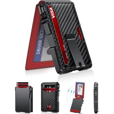 Imagem de Carteira masculina minimalista de 9 a 13 cartões, fina e compacta com clipe para dinheiro e janela para identidade, carteira de cartão pop-up inteligente com bloqueio de RFID, porta-cartão de crédito