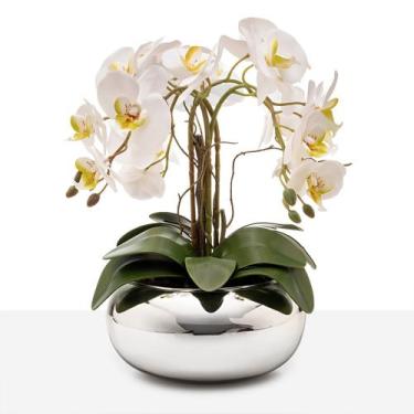 Imagem de Arranjo Orquídea Silicone 4 Hastes Vaso Espelhado Prateado Luxo - Flor