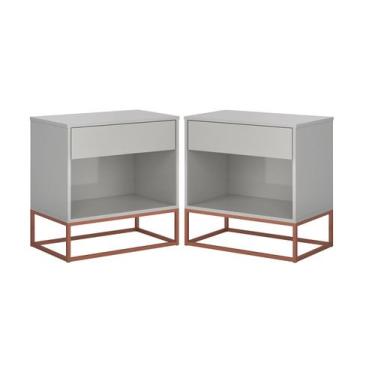 Imagem de Conjunto 2 Mesas de Cabeceira Malta OffWhite com Base de Ferro Cobre -