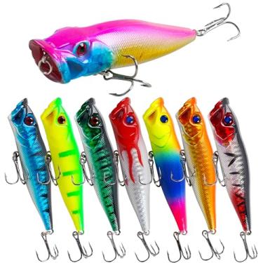 Imagem de Iscas de pesca Popper, kit de 8 peças de iscas de água salgada, iscas de robalo, iscas rígidas, iscas de pesca flutuantes artificiais com gancho de agudos para robalo, truta, lúcio, peixe-gato