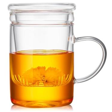 Imagem de Xícara de chá, caneca de chá de 500 ml/17 onças, xícara de chá de vidro com infusor e tampa, caneca de infusor de chá com porta-copos para chá florescendo, chá de folhas soltas, saquinho de chá, conjunto de xícara de chá
