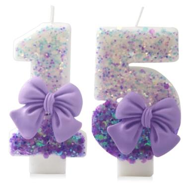 Imagem de IQMLQV - Laço Roxo 15 Velas de Aniversário, 15 Velas de Desejos, Vela de Aniversário Roxa com Glitter para Decorações de Bolo de 15 Anos, Artigos de Festa